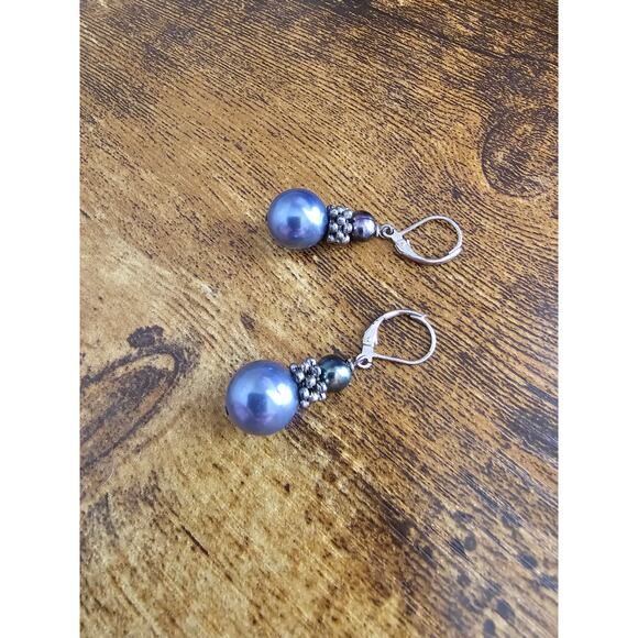 Vintage Y2K Artist Made Drop Earrings Blue Pearlized Stacked - Picture 2 of 3
